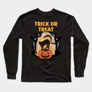 Trick Or Treat Black Cat & Pumpkin Halloween Design Long Sleeve T-Shirt